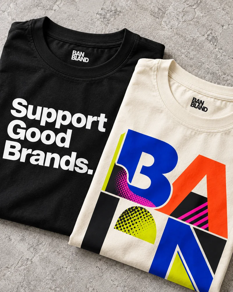 Concept printed black and cream cotton tees with bold brand graphics
