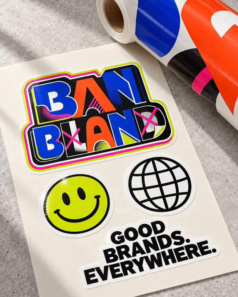 Illustrative Ban Bland die-cut stickers alongside a roll of cobalt and orange printed graphics