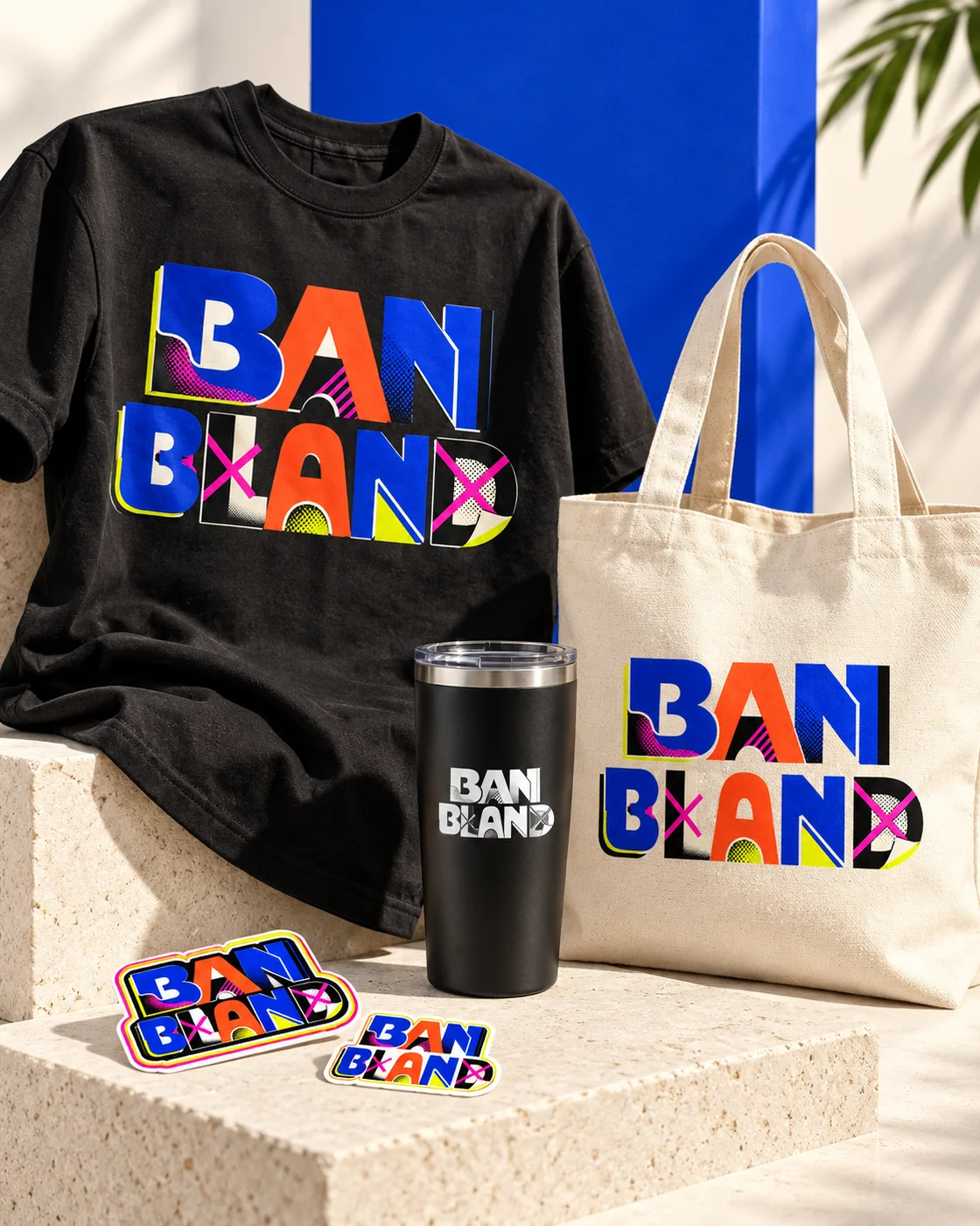 Ban Bland branded black tee, canvas tote, tumbler, and colorful stickers in a sunlit studio