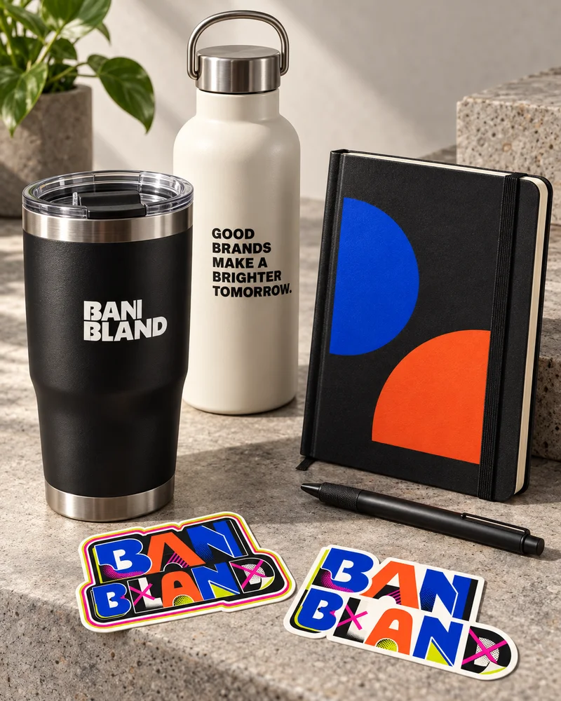Illustrative branded tumbler, water bottle, notebook, pen, and die-cut stickers
